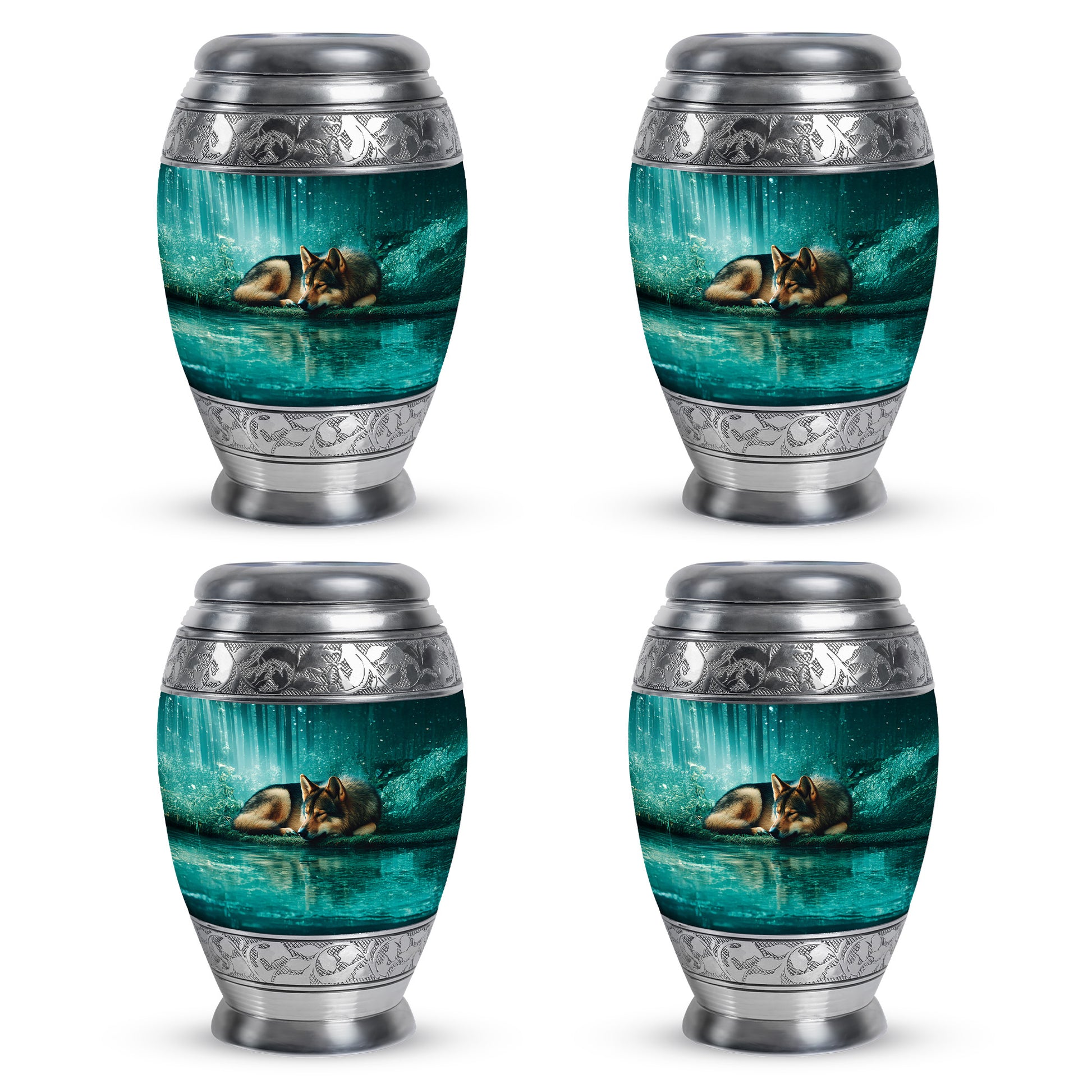 Deep Teal Dog Cremation Urn urn with complimentary velvet bag - royal dog engraving with decorative scrollwork - 10 inch aluminum urn for cremated remains