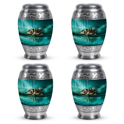 Deep Teal Dog Cremation Urn urn with complimentary velvet bag - royal dog engraving with decorative scrollwork - 10 inch aluminum urn for cremated remains