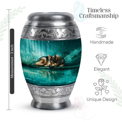 Deep Teal Dog Cremation Urn lifestyle display on memorial shelf - royal dog engraving with decorative scrollwork - mini keepsake memorial for portion of cremation ashes