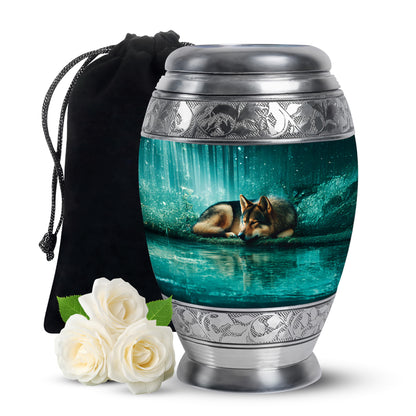 Soft Teal Dog Cremation Urn back view with polished surface - ornate monarch-style dog relief on brushed aluminum - full-size 10 inch 200 cubic inch adult cremation urn