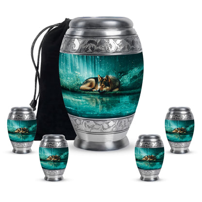 Tropical Teal Dog Cremation Urn detail view - majestic dog pattern with filigree border - memorial set with one large and four small urns