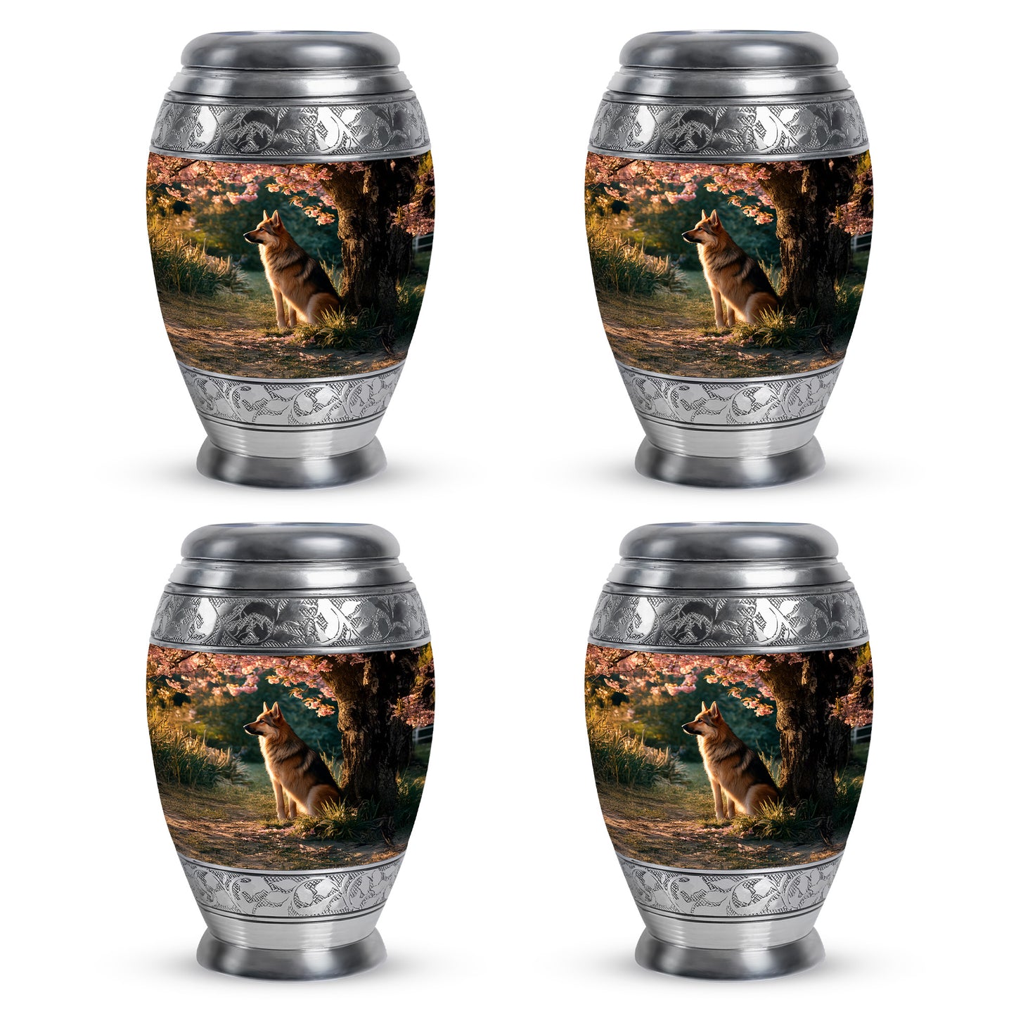 Matte Gold Dog Cremation Urn urn with complimentary velvet bag - majestic dog pattern with filigree border - 10 inch aluminum urn for cremated remains