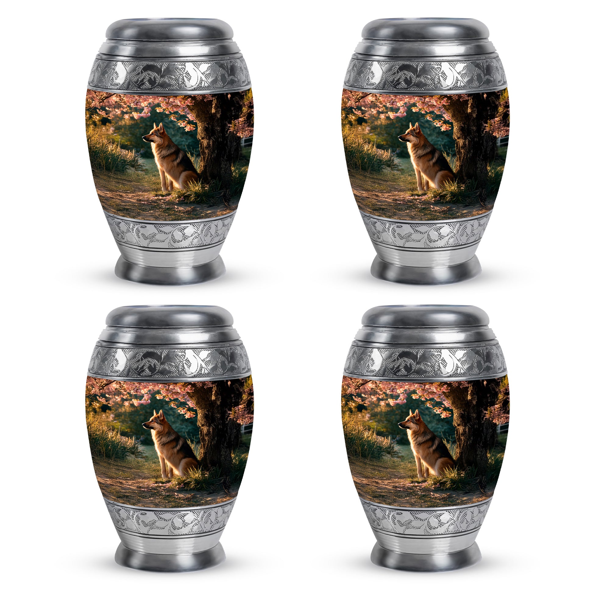 Matte Gold Dog Cremation Urn urn with complimentary velvet bag - majestic dog pattern with filigree border - 10 inch aluminum urn for cremated remains