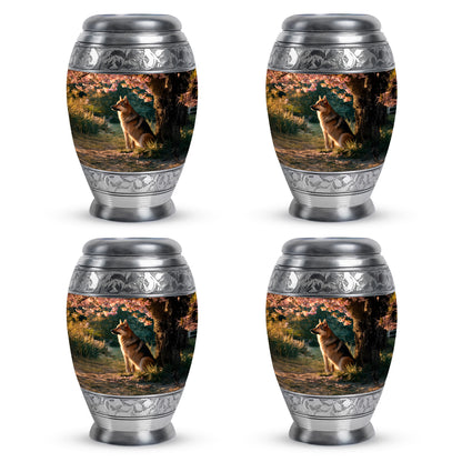 Matte Gold Dog Cremation Urn urn with complimentary velvet bag - majestic dog pattern with filigree border - 10 inch aluminum urn for cremated remains