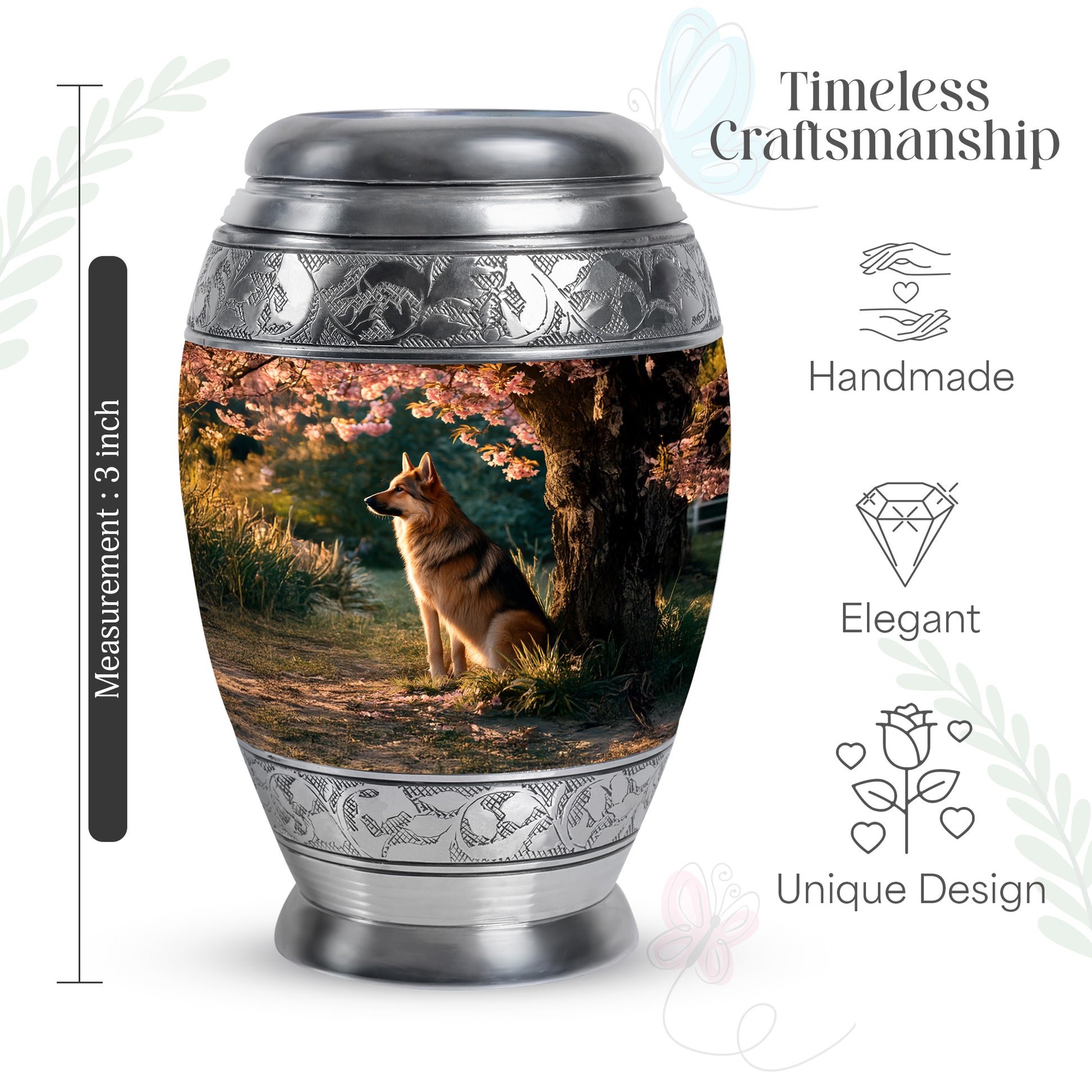 Gilded Gold Dog Cremation Urn lifestyle display on memorial shelf - ornate monarch-style dog relief on brushed aluminum - mini keepsake memorial for portion of cremation ashes