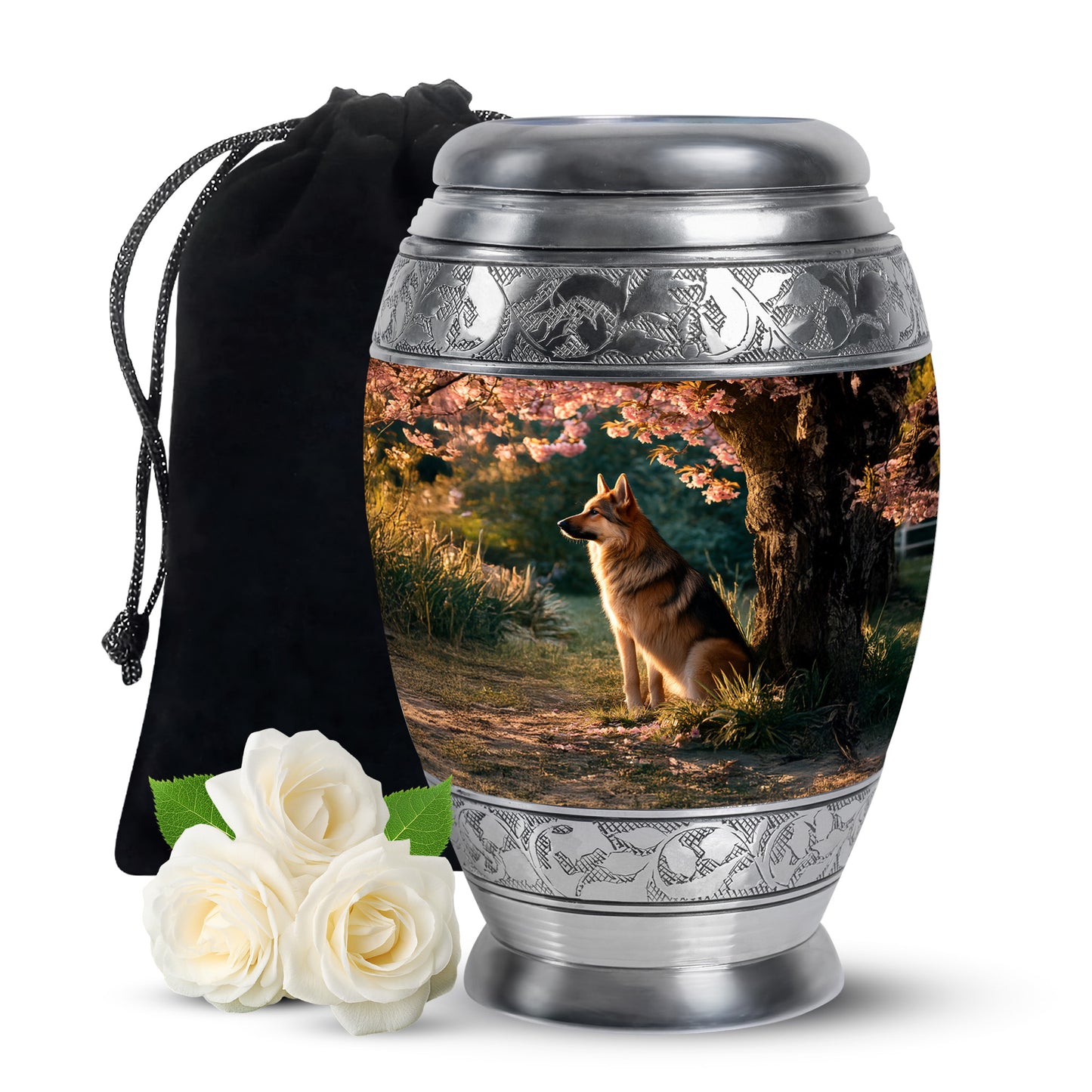 Royal Gold Dog Cremation Urn back view with polished surface - majestic dog pattern with filigree border - full-size 10 inch 200 cubic inch adult cremation urn