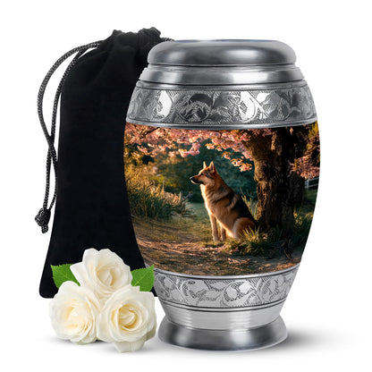 Royal Gold Dog Cremation Urn back view with polished surface - majestic dog pattern with filigree border - full-size 10 inch 200 cubic inch adult cremation urn
