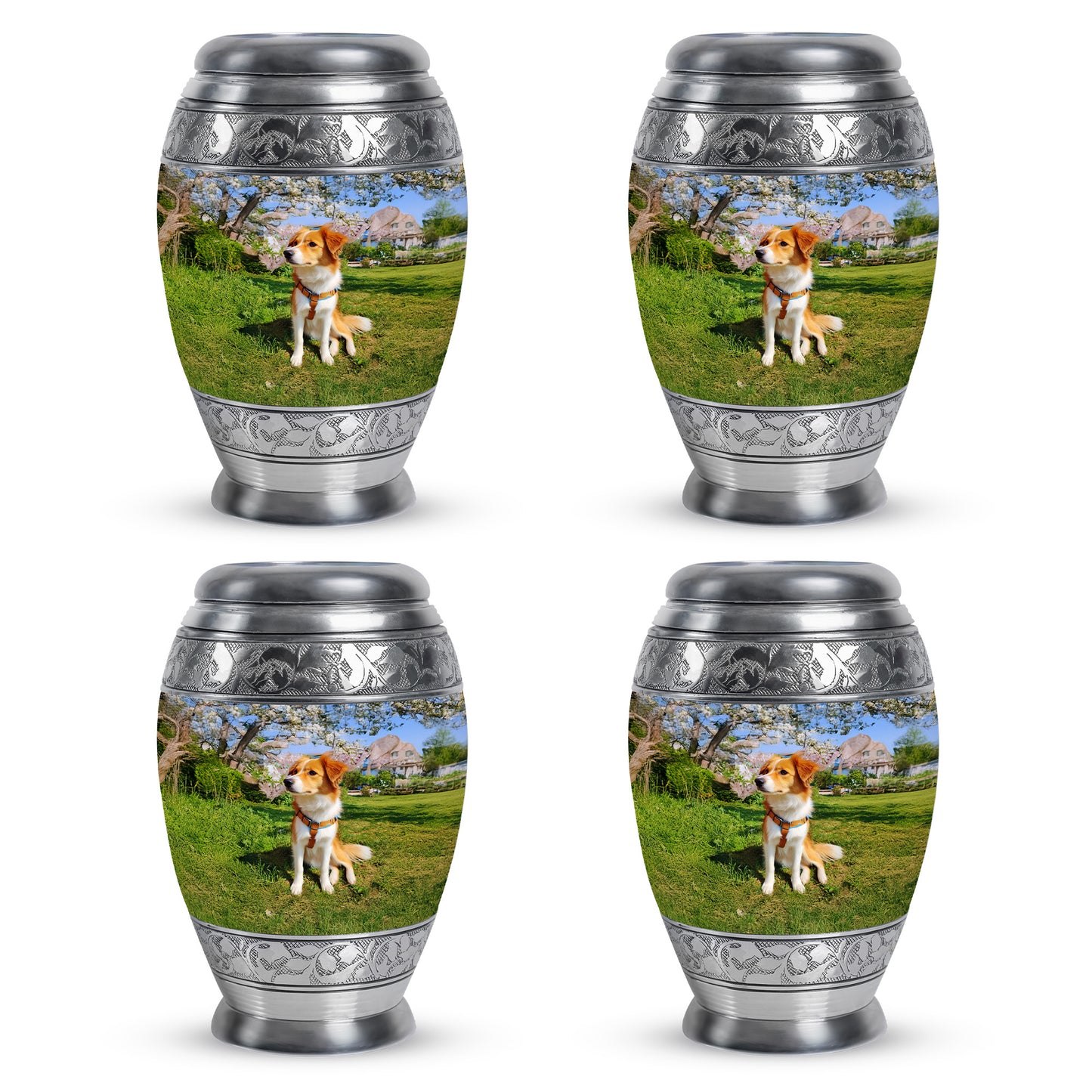 Sapphire Blue Dog Cremation Urn urn with complimentary velvet bag - majestic dog pattern with filigree border - 10 inch aluminum urn for cremated remains