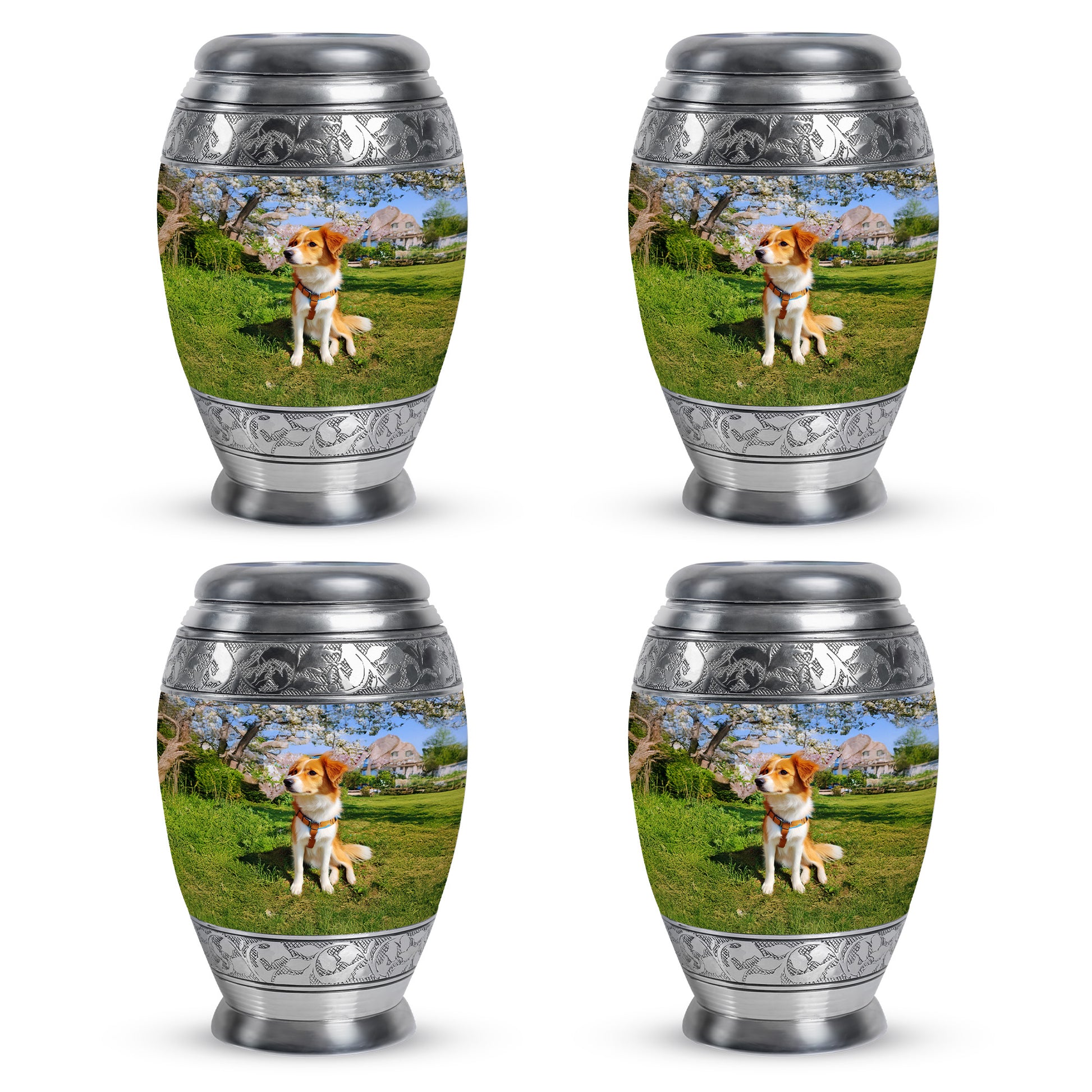 Sapphire Blue Dog Cremation Urn urn with complimentary velvet bag - majestic dog pattern with filigree border - 10 inch aluminum urn for cremated remains