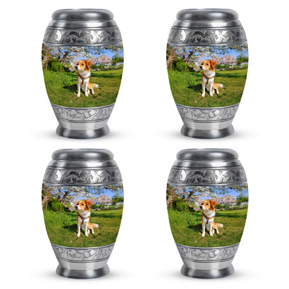 Sapphire Blue Dog Cremation Urn urn with complimentary velvet bag - majestic dog pattern with filigree border - 10 inch aluminum urn for cremated remains