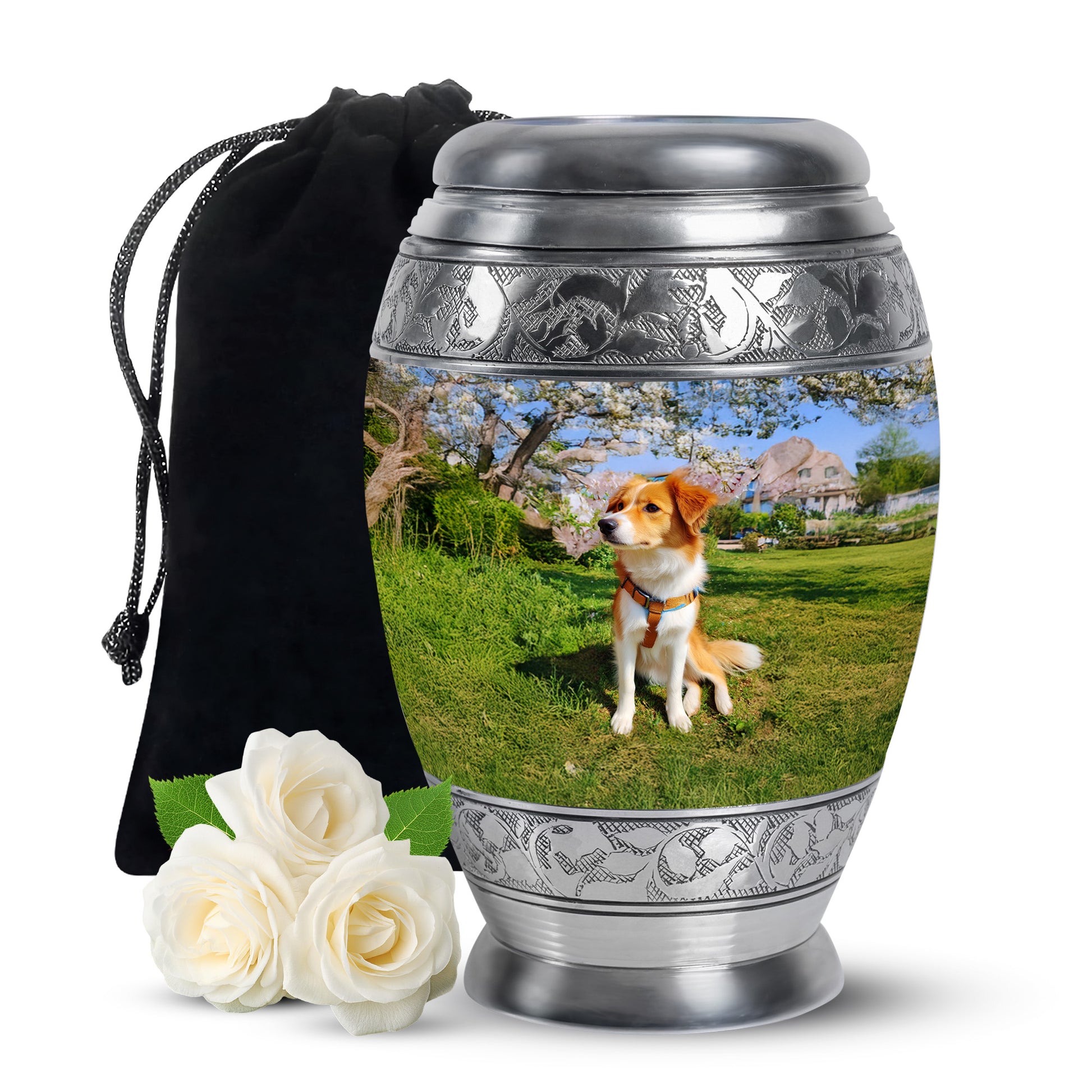 Vivid Blue Dog Cremation Urn back view with polished surface - royal dog engraving with decorative scrollwork - full-size 10 inch 200 cubic inch adult cremation urn