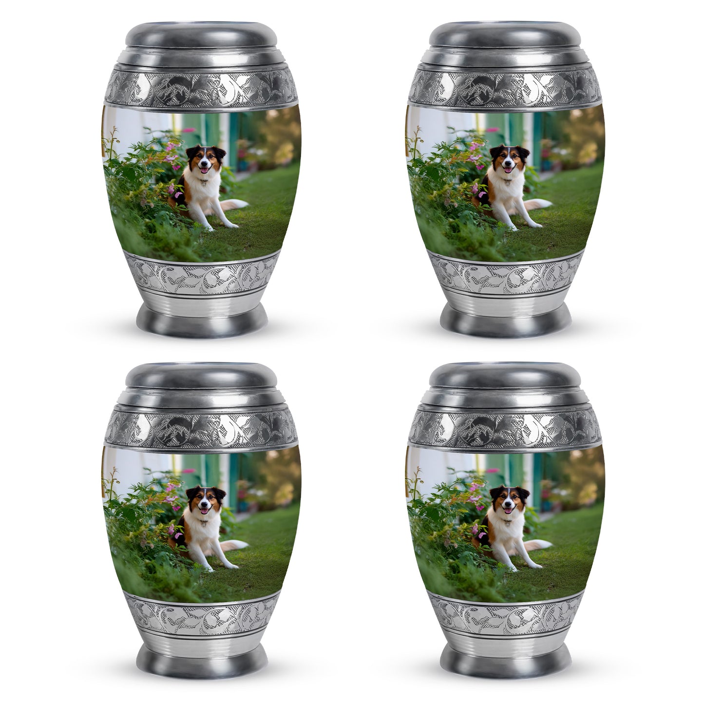 Sage Green Dog Cremation Urn urn with complimentary velvet bag - ornate monarch-style dog relief on brushed aluminum - 10 inch aluminum urn for cremated remains