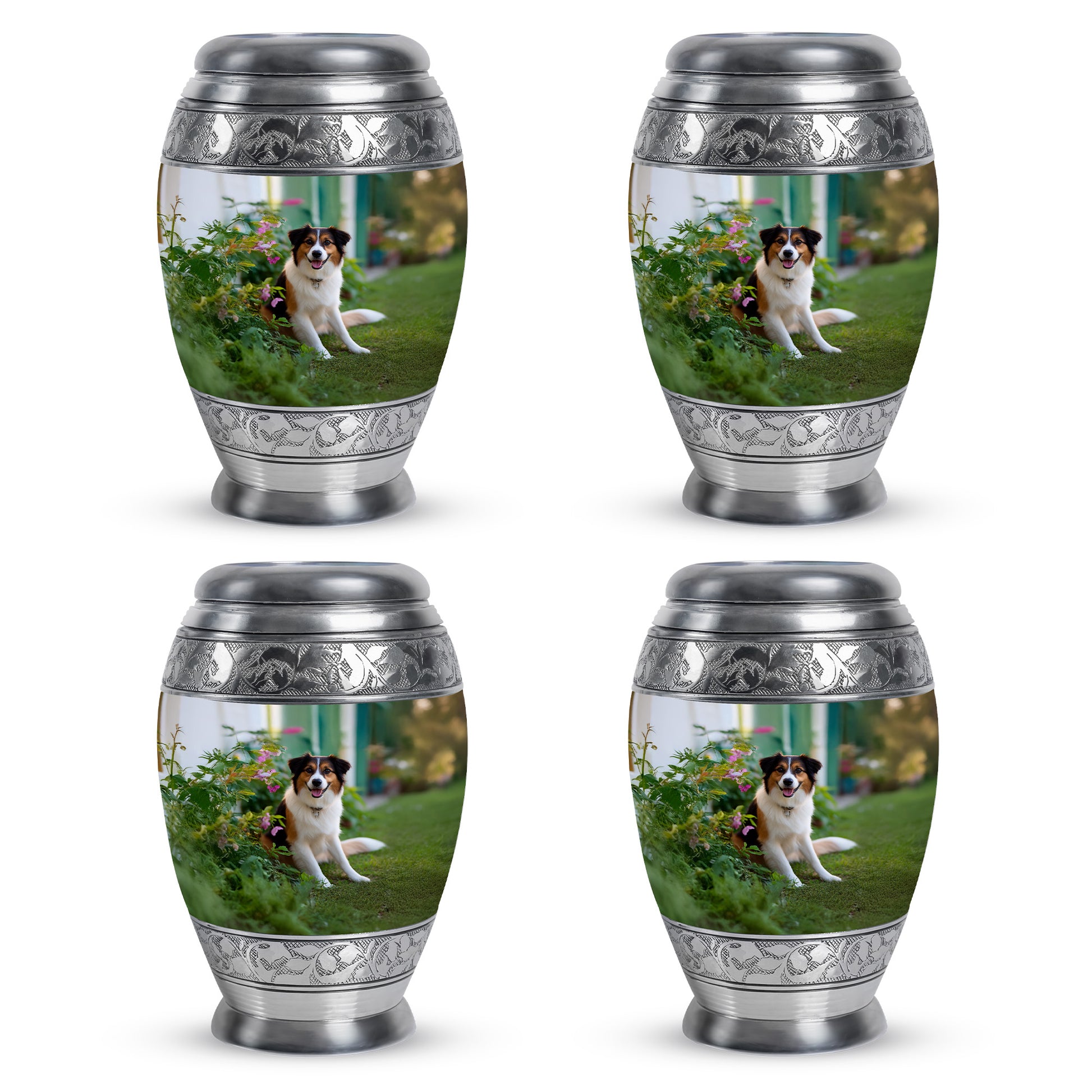 Sage Green Dog Cremation Urn urn with complimentary velvet bag - ornate monarch-style dog relief on brushed aluminum - 10 inch aluminum urn for cremated remains