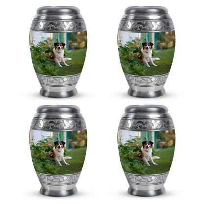 Sage Green Dog Cremation Urn urn with complimentary velvet bag - ornate monarch-style dog relief on brushed aluminum - 10 inch aluminum urn for cremated remains