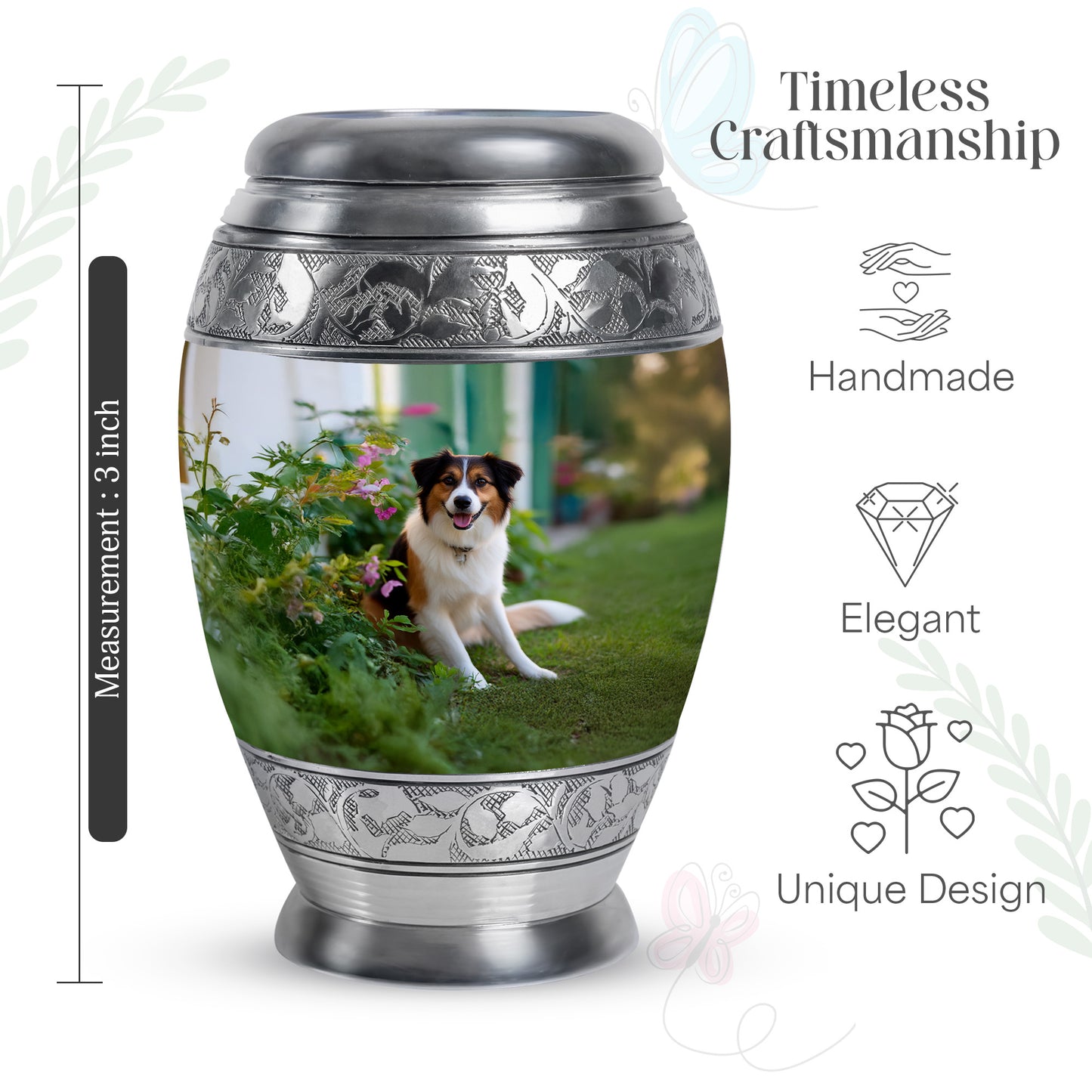 Emerald Green Dog Cremation Urn lifestyle display on memorial shelf - ornate monarch-style dog relief on brushed aluminum - mini keepsake memorial for portion of cremation ashes
