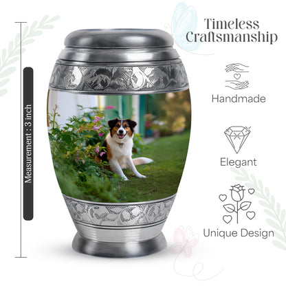 Emerald Green Dog Cremation Urn lifestyle display on memorial shelf - ornate monarch-style dog relief on brushed aluminum - mini keepsake memorial for portion of cremation ashes
