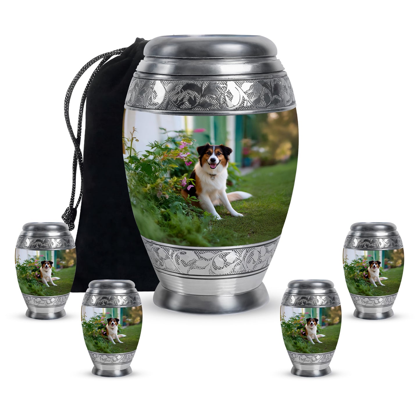 Hunter Green Dog Cremation Urn detail view - royal dog engraving with decorative scrollwork - memorial set with one large and four small urns
