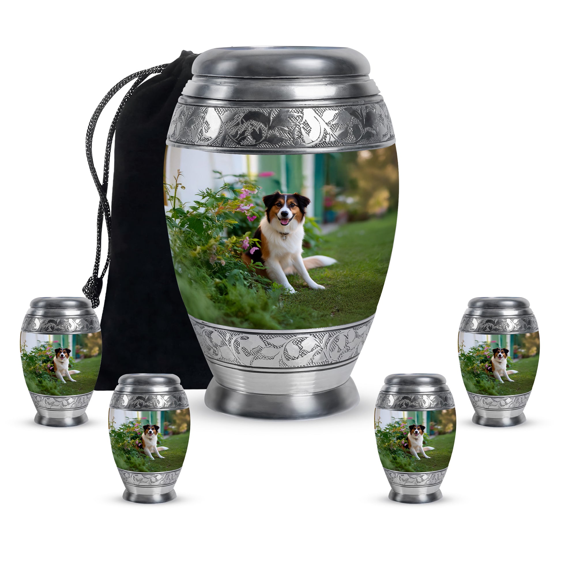 Hunter Green Dog Cremation Urn detail view - royal dog engraving with decorative scrollwork - memorial set with one large and four small urns