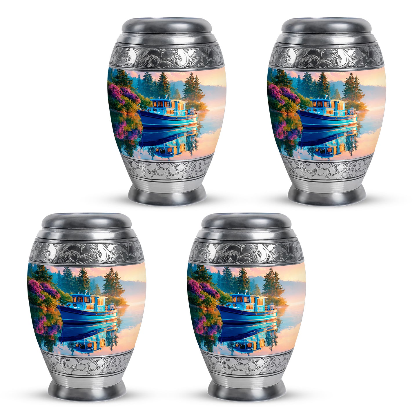 Soft Blue Boat Cremation Urn urn with complimentary velvet bag - majestic boat pattern with filigree border - 10 inch aluminum urn for cremated remains