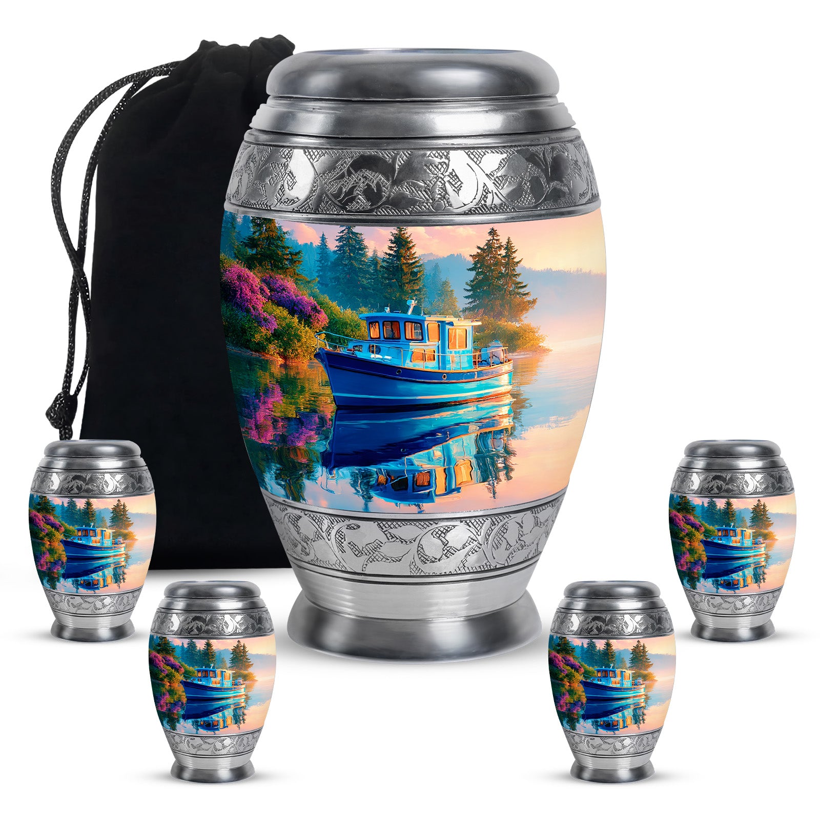 Twilight Blue Boat Cremation Urn detail view - majestic boat pattern with filigree border - memorial set with one large and four small urns