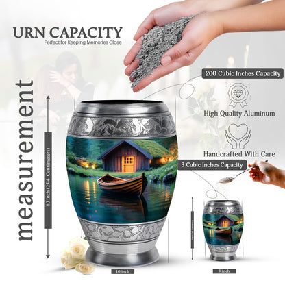 Forest Green Boat Cremation Urn lifestyle display on memorial shelf - majestic boat pattern with filigree border - mini keepsake memorial for portion of cremation ashes