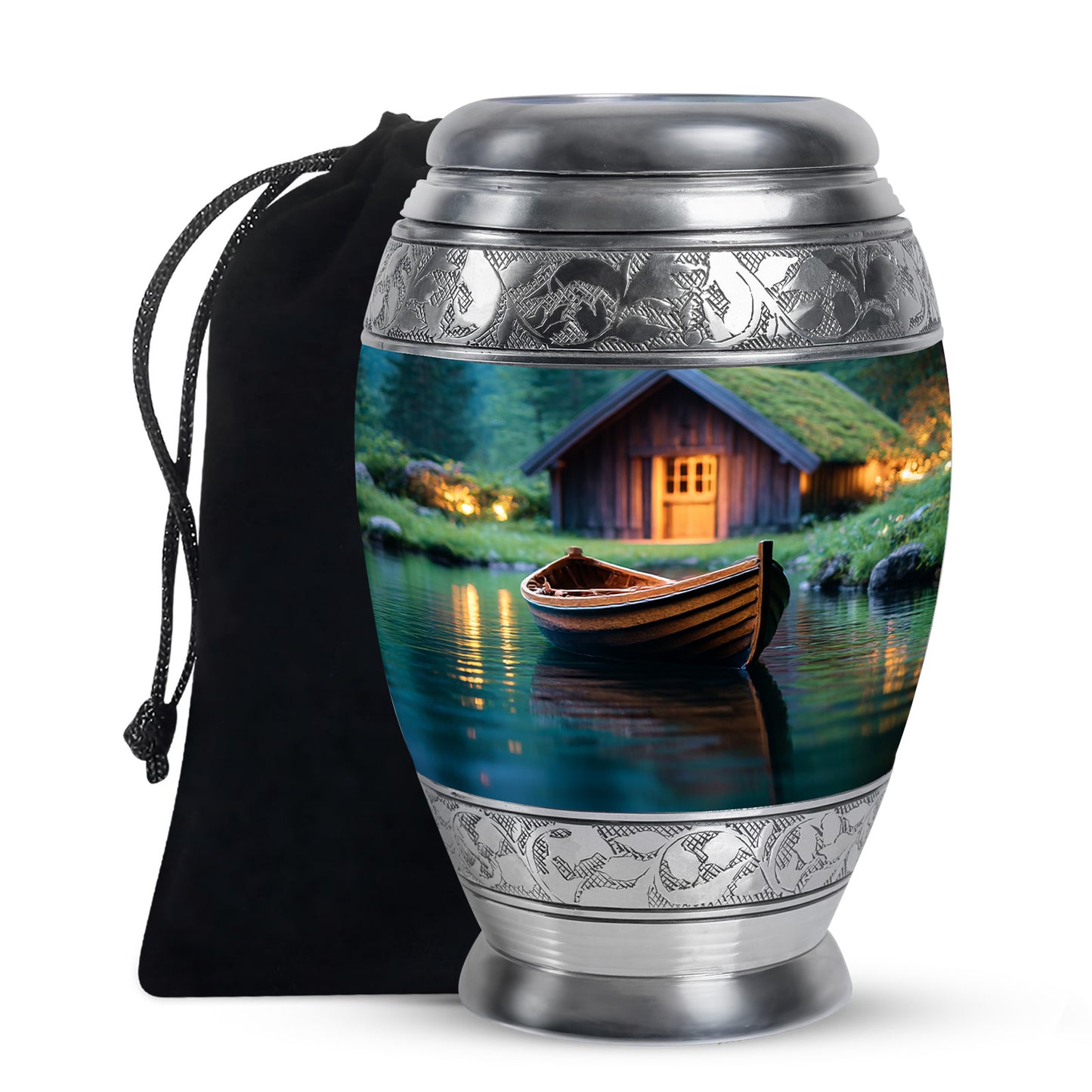 Jade Green Boat Cremation Urn back view with polished surface - ornate monarch-style boat relief on brushed aluminum - full-size 10 inch 200 cubic inch adult cremation urn