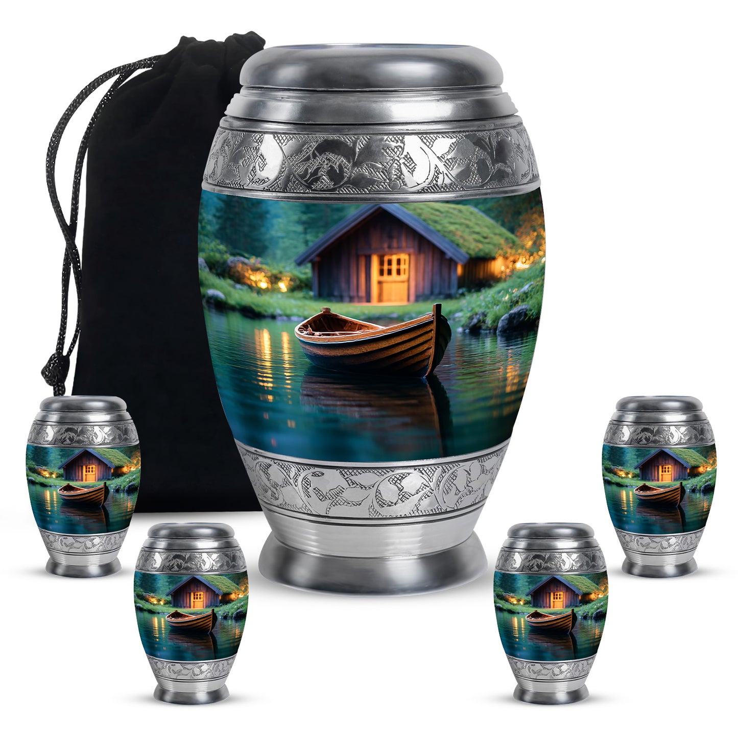 Jade Green Boat Cremation Urn detail view - ornate monarch-style boat relief on brushed aluminum - memorial set with one large and four small urns