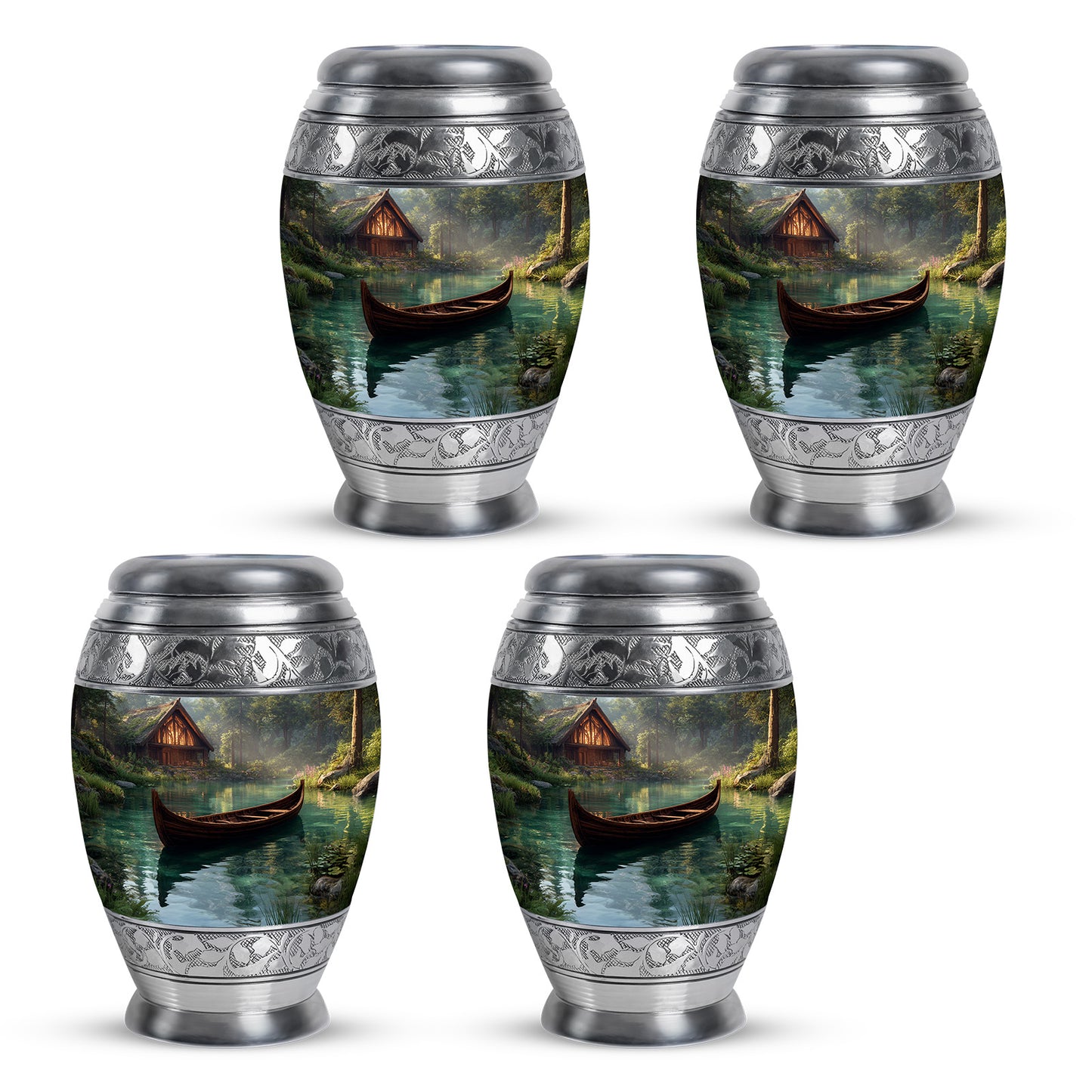 Onyx Black Boat Cremation Urn urn with complimentary velvet bag - majestic boat pattern with filigree border - 10 inch aluminum urn for cremated remains