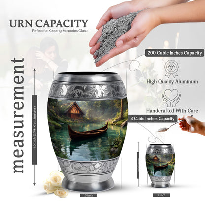 Ebony Boat Cremation Urn lifestyle display on memorial shelf - ornate monarch-style boat relief on brushed aluminum - mini keepsake memorial for portion of cremation ashes