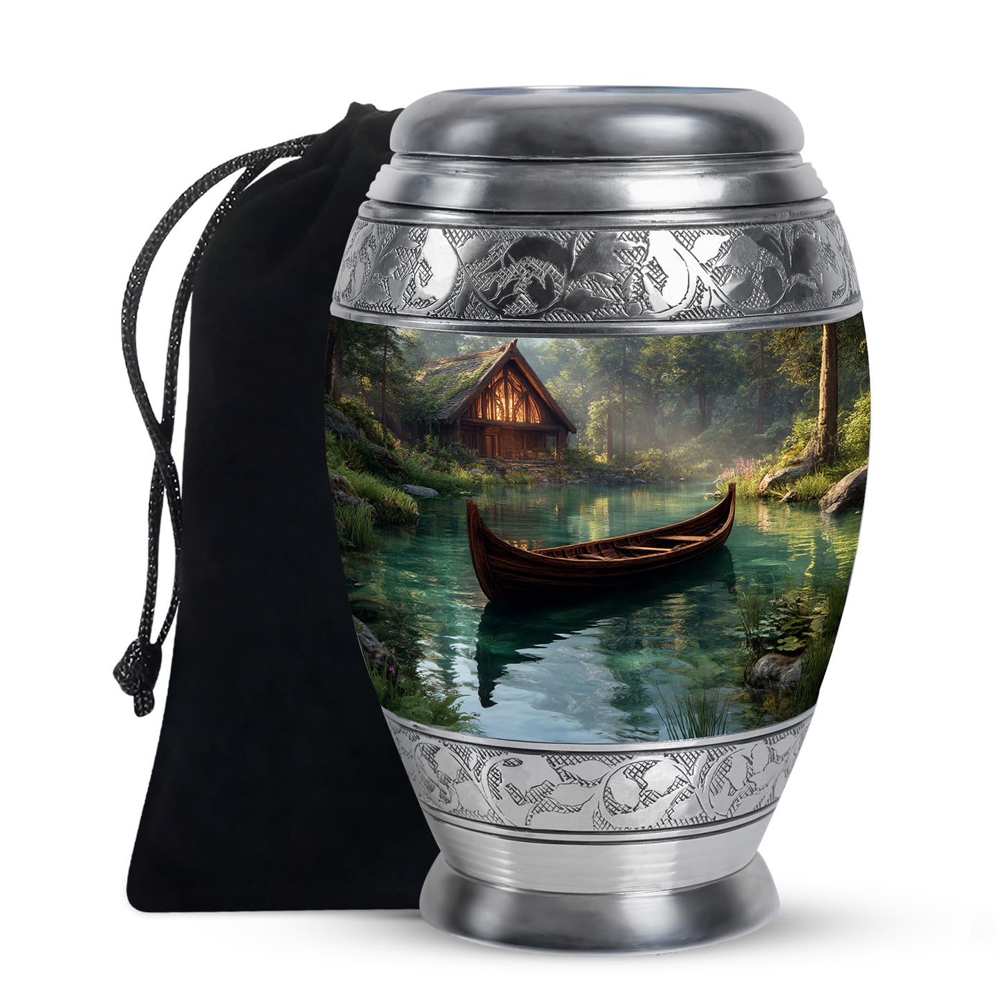 Onyx Black Boat Cremation Urn back view with polished surface - majestic boat pattern with filigree border - full-size 10 inch 200 cubic inch adult cremation urn