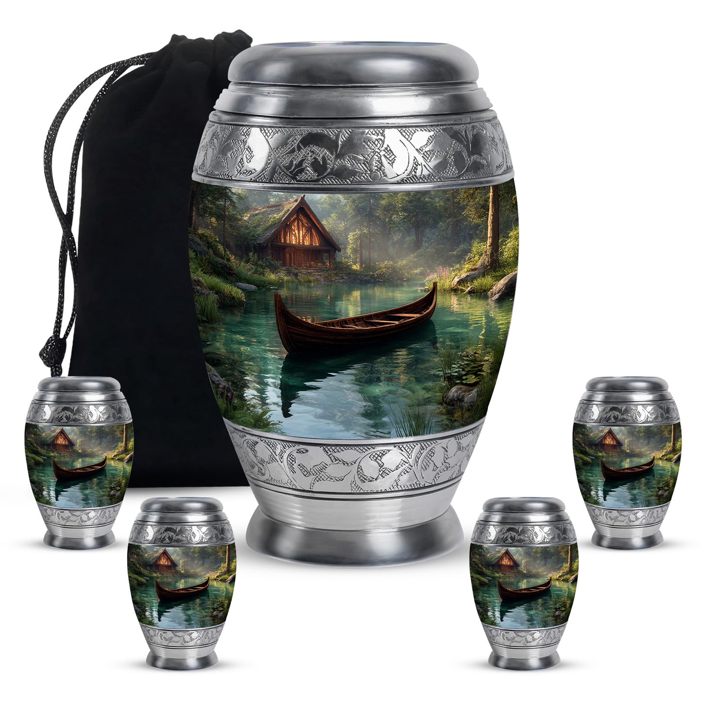 Ebony Boat Cremation Urn detail view - ornate monarch-style boat relief on brushed aluminum - memorial set with one large and four small urns