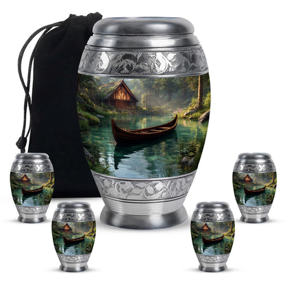 Ebony Boat Cremation Urn detail view - ornate monarch-style boat relief on brushed aluminum - memorial set with one large and four small urns