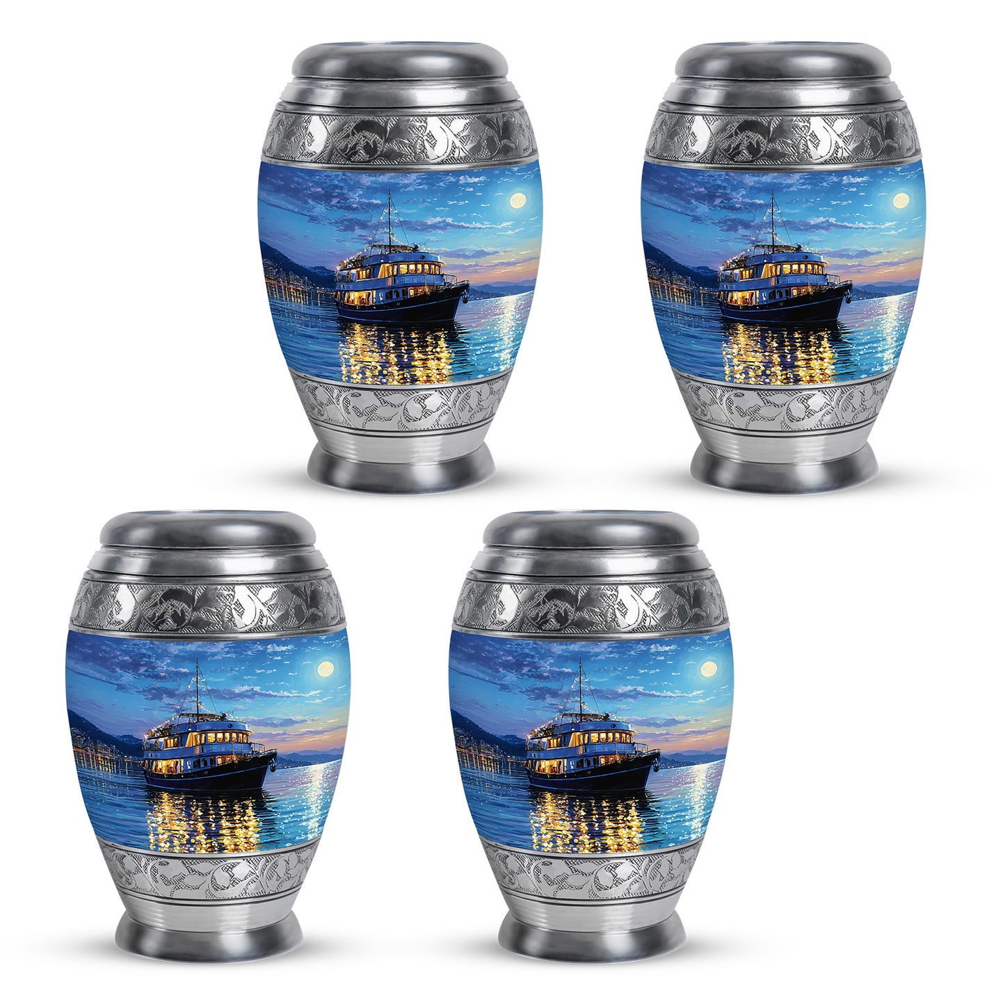 Azure Boat Cremation Urn urn with complimentary velvet bag - ornate monarch-style boat relief on brushed aluminum - 10 inch aluminum urn for cremated remains