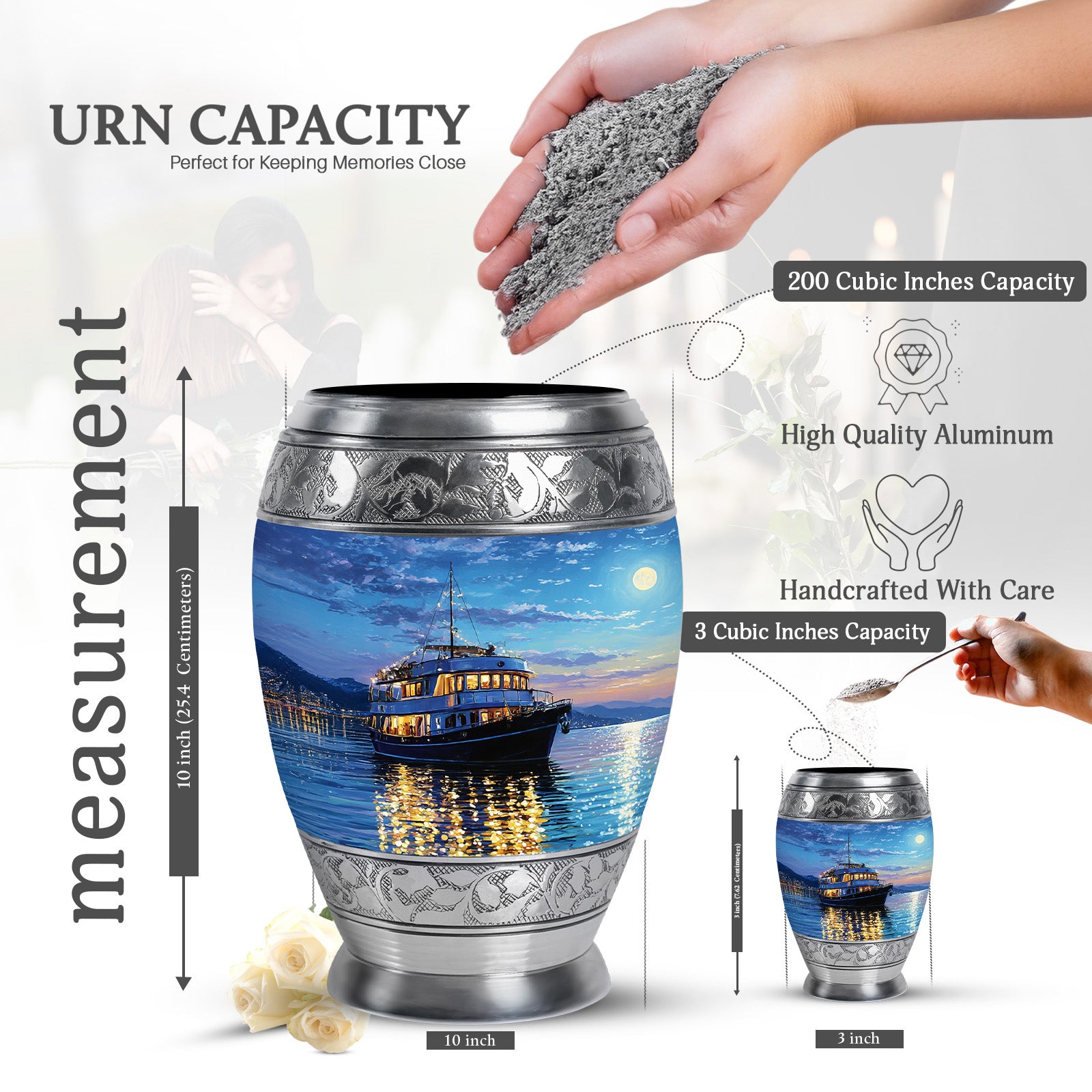 Cobalt Blue Boat Cremation Urn lifestyle display on memorial shelf - royal boat engraving with decorative scrollwork - mini keepsake memorial for portion of cremation ashes