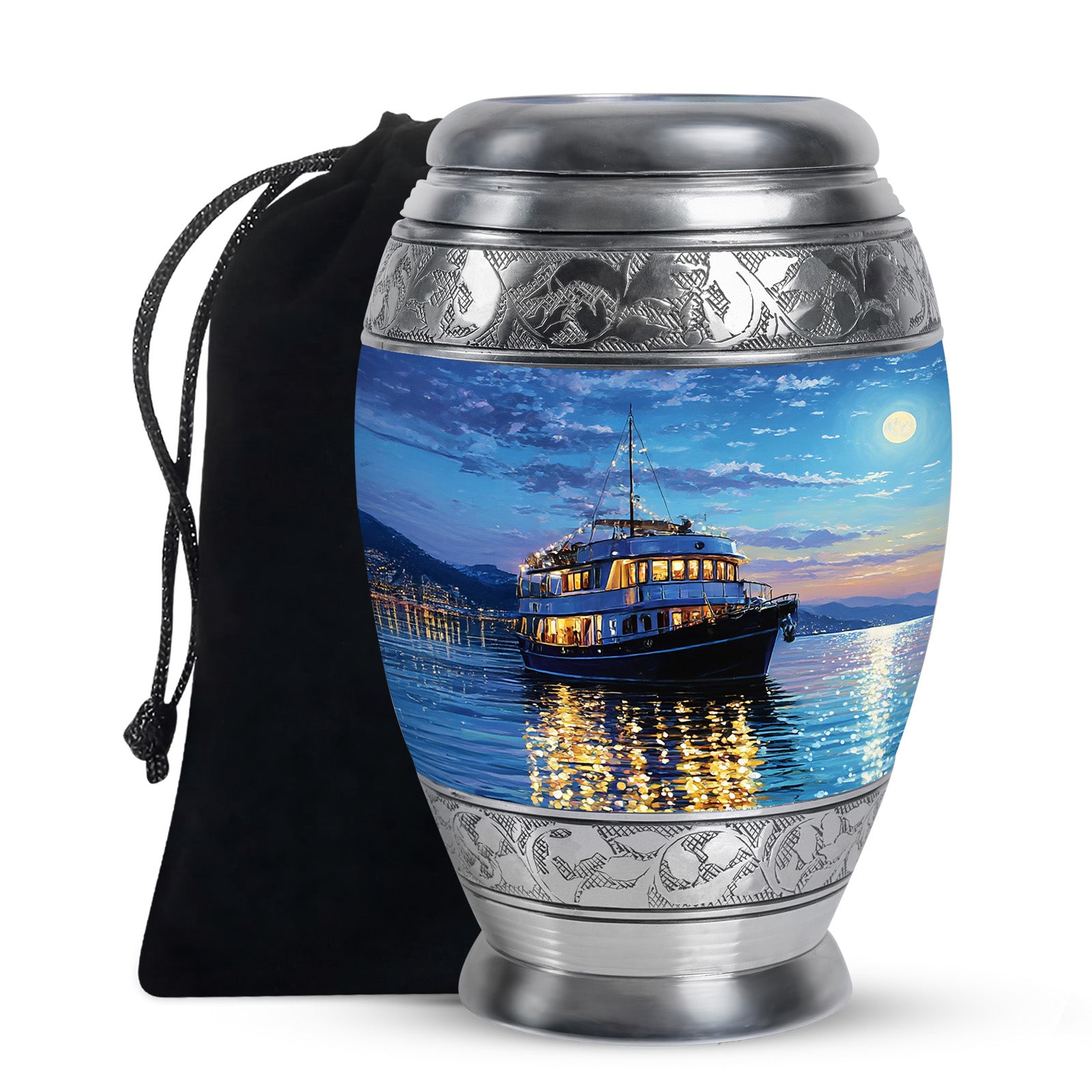 Azure Boat Cremation Urn back view with polished surface - regal boat design with crown-inspired accents - full-size 10 inch 200 cubic inch adult cremation urn