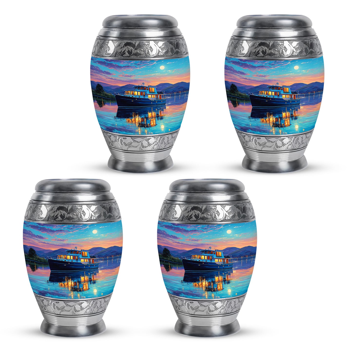 Cool Teal Boat Cremation Urn urn with complimentary velvet bag - ornate monarch-style boat relief on brushed aluminum - 10 inch aluminum urn for cremated remains
