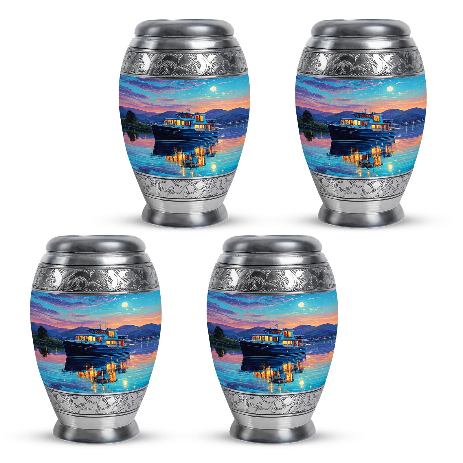 Cool Teal Boat Cremation Urn urn with complimentary velvet bag - ornate monarch-style boat relief on brushed aluminum - 10 inch aluminum urn for cremated remains