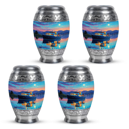 Cool Teal Boat Cremation Urn urn with complimentary velvet bag - ornate monarch-style boat relief on brushed aluminum - 10 inch aluminum urn for cremated remains