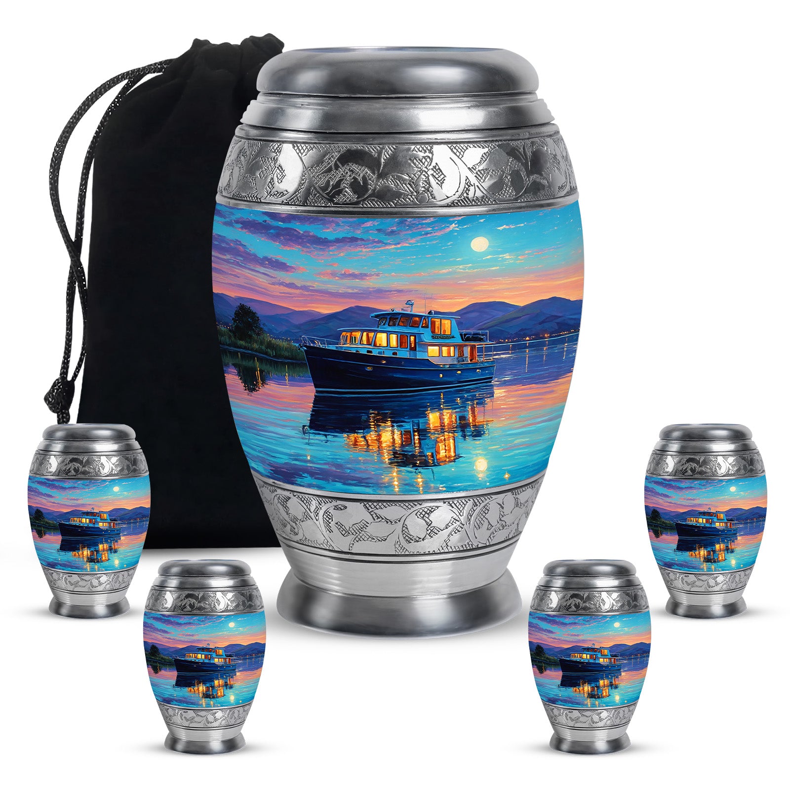 Ocean Teal Boat Cremation Urn detail view - regal boat design with crown-inspired accents - memorial set with one large and four small urns