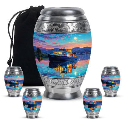 Ocean Teal Boat Cremation Urn detail view - regal boat design with crown-inspired accents - memorial set with one large and four small urns