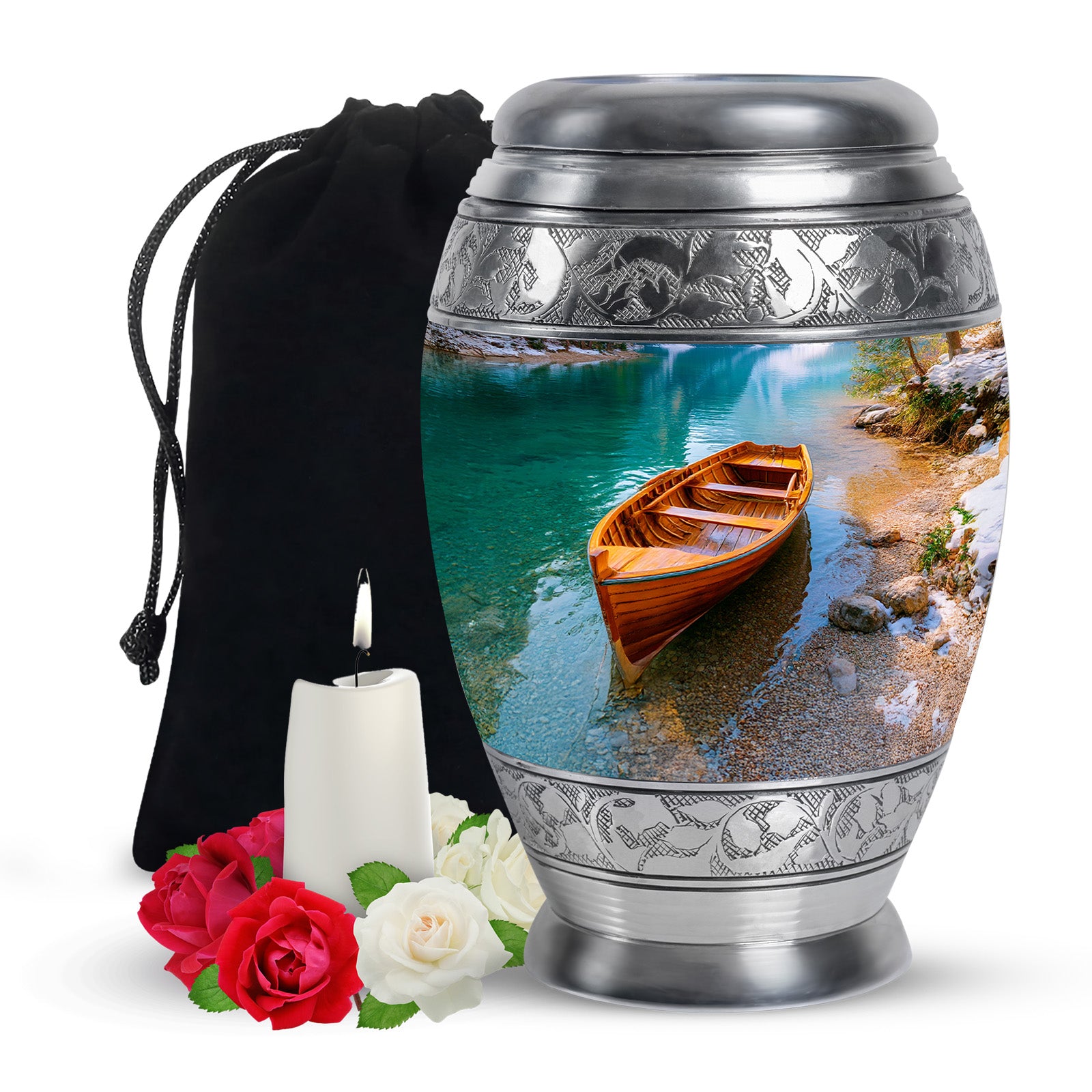 Jewel Teal Boat Cremation Urn back view with polished surface - regal boat design with crown-inspired accents - full-size 10 inch 200 cubic inch adult cremation urn