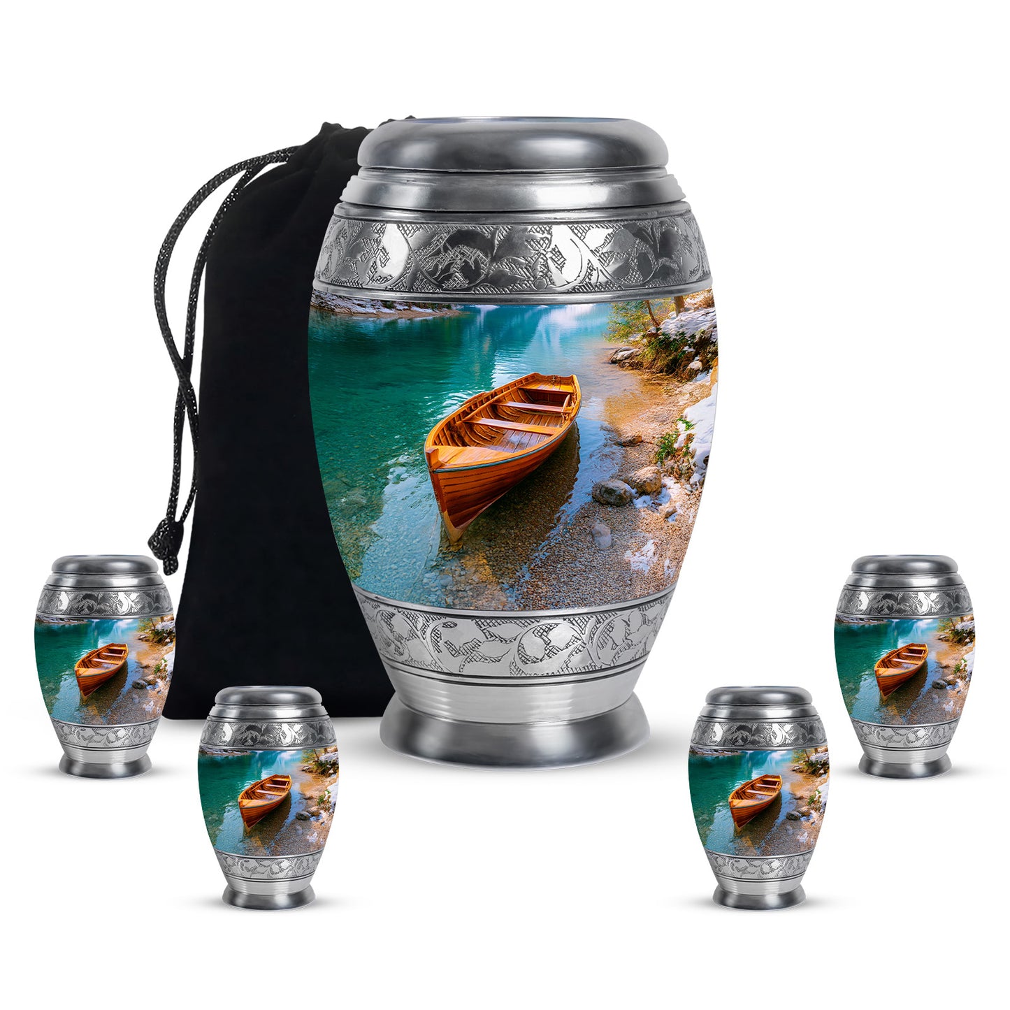 Aqua Teal Boat Cremation Urn detail view - majestic boat pattern with filigree border - memorial set with one large and four small urns