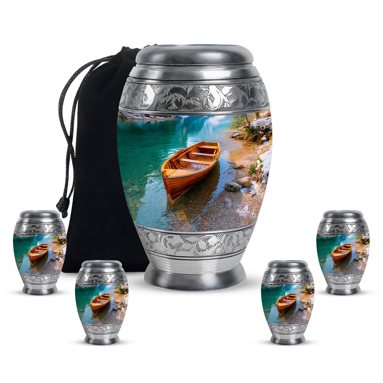 Aqua Teal Boat Cremation Urn detail view - majestic boat pattern with filigree border - memorial set with one large and four small urns