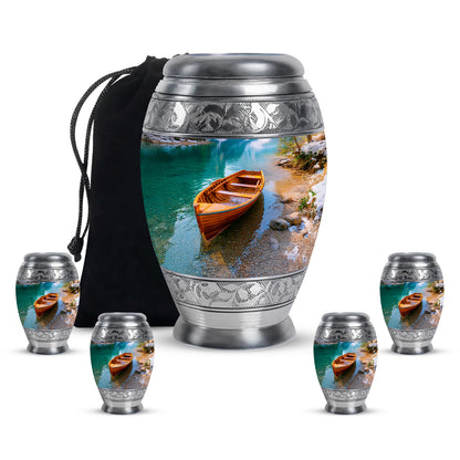 Aqua Teal Boat Cremation Urn detail view - majestic boat pattern with filigree border - memorial set with one large and four small urns
