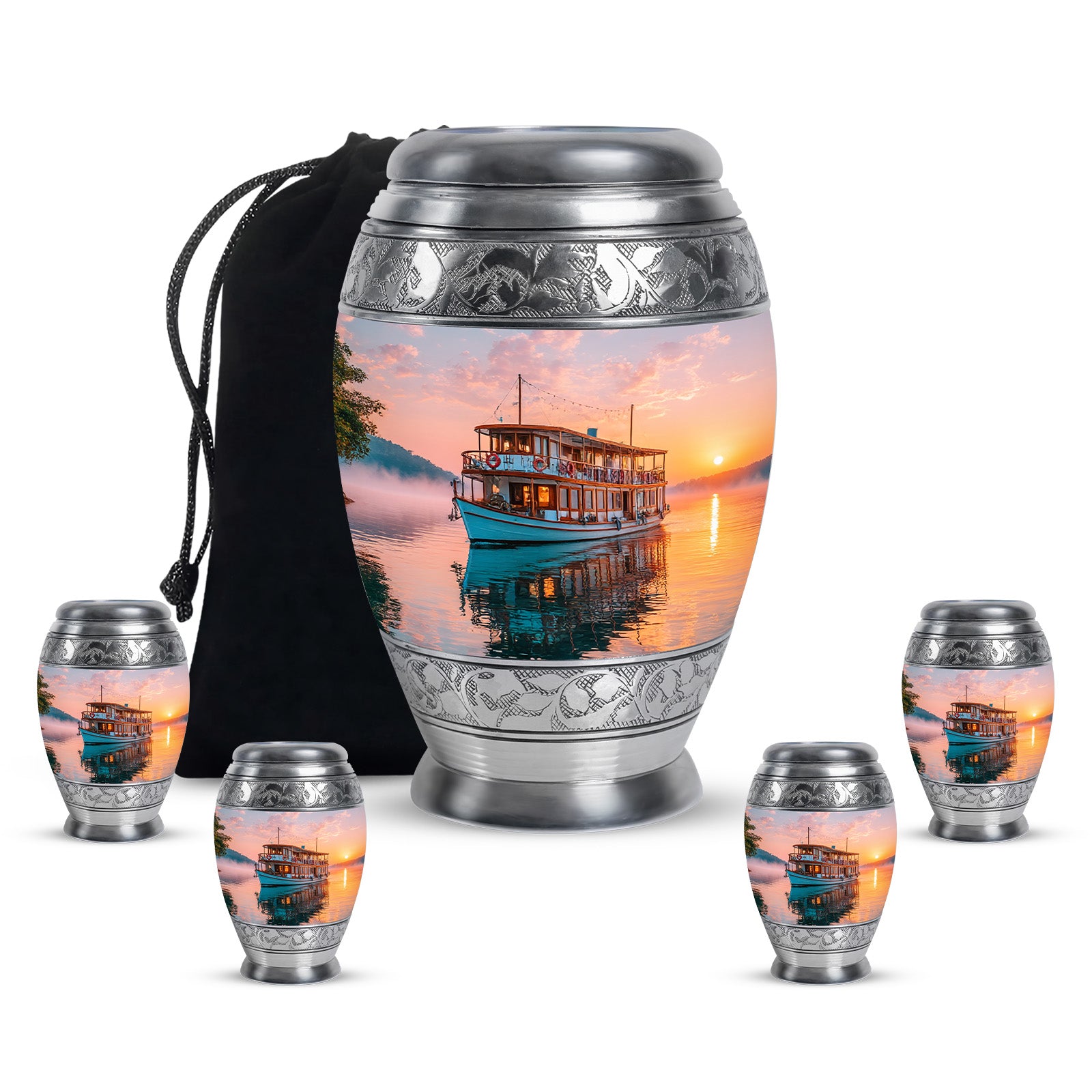 Wine Red Boat Cremation Urn detail view - regal boat design with crown-inspired accents - memorial set with one large and four small urns