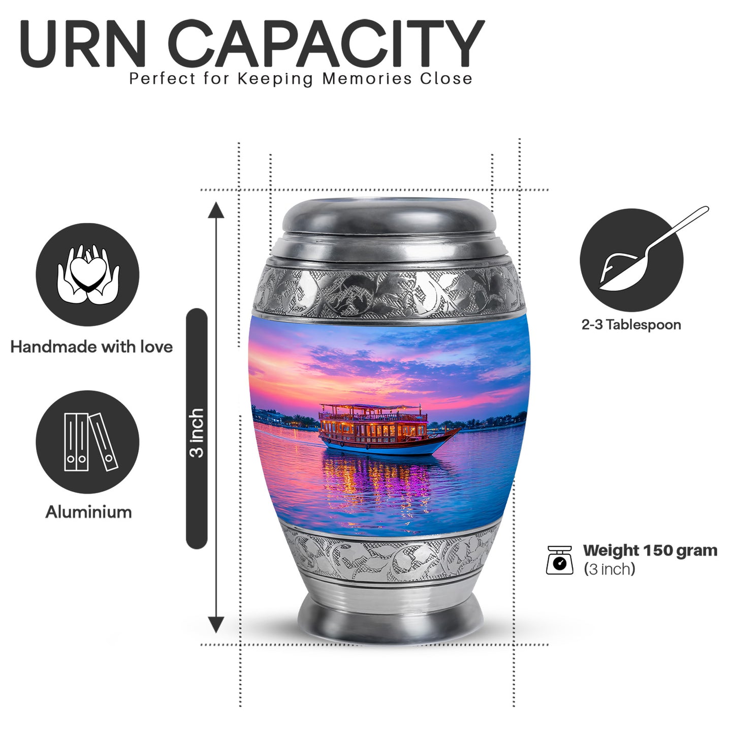 Sky Blue Boat Cremation Urn lifestyle display on memorial shelf - regal boat design with crown-inspired accents - mini keepsake memorial for portion of cremation ashes