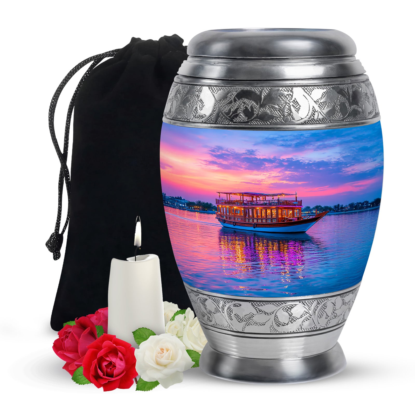 Soft Blue Boat Cremation Urn back view with polished surface - majestic boat pattern with filigree border - full-size 10 inch 200 cubic inch adult cremation urn