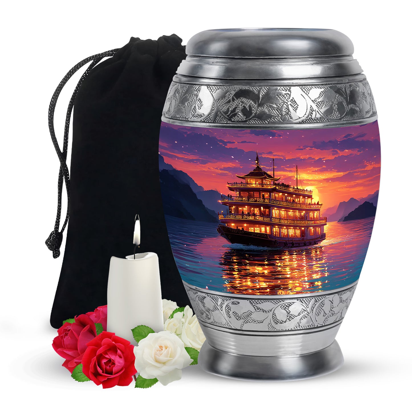 Plum Purple Boat Cremation Urn back view with polished surface - ornate monarch-style boat relief on brushed aluminum - full-size 10 inch 200 cubic inch adult cremation urn