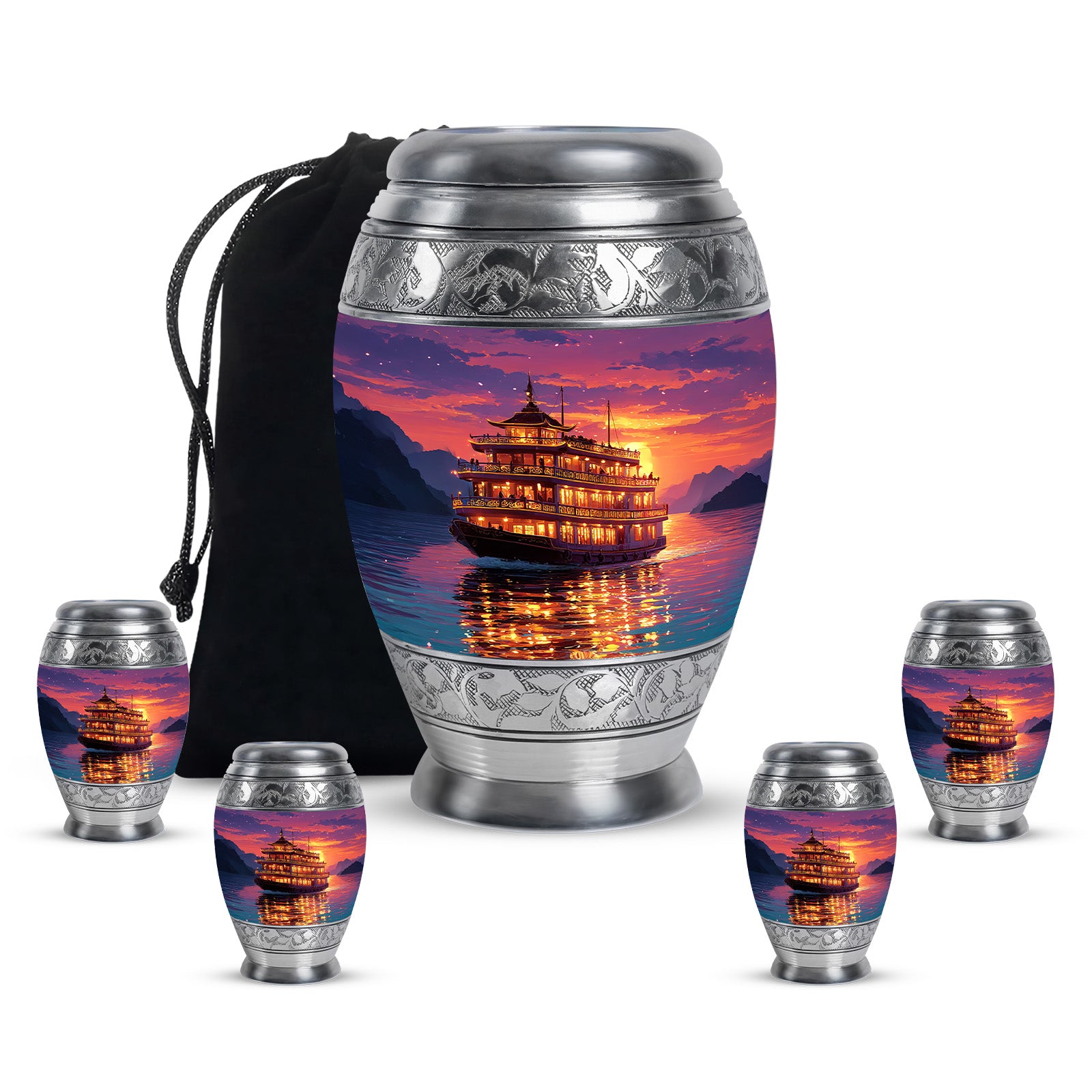 Grape Purple Boat Cremation Urn detail view - royal boat engraving with decorative scrollwork - memorial set with one large and four small urns