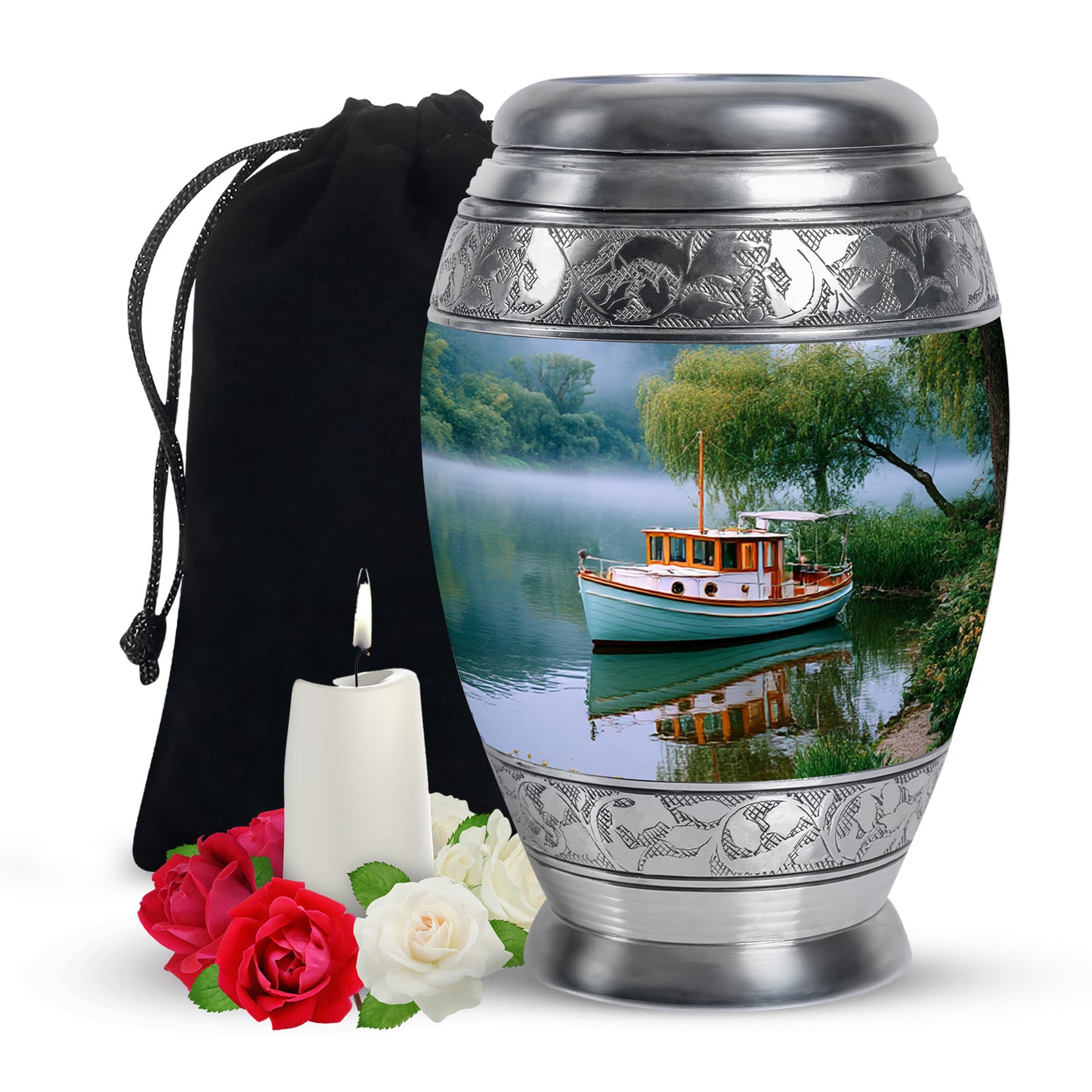 Mystic Teal Boat Cremation Urn back view with polished surface - royal boat engraving with decorative scrollwork - full-size 10 inch 200 cubic inch adult cremation urn